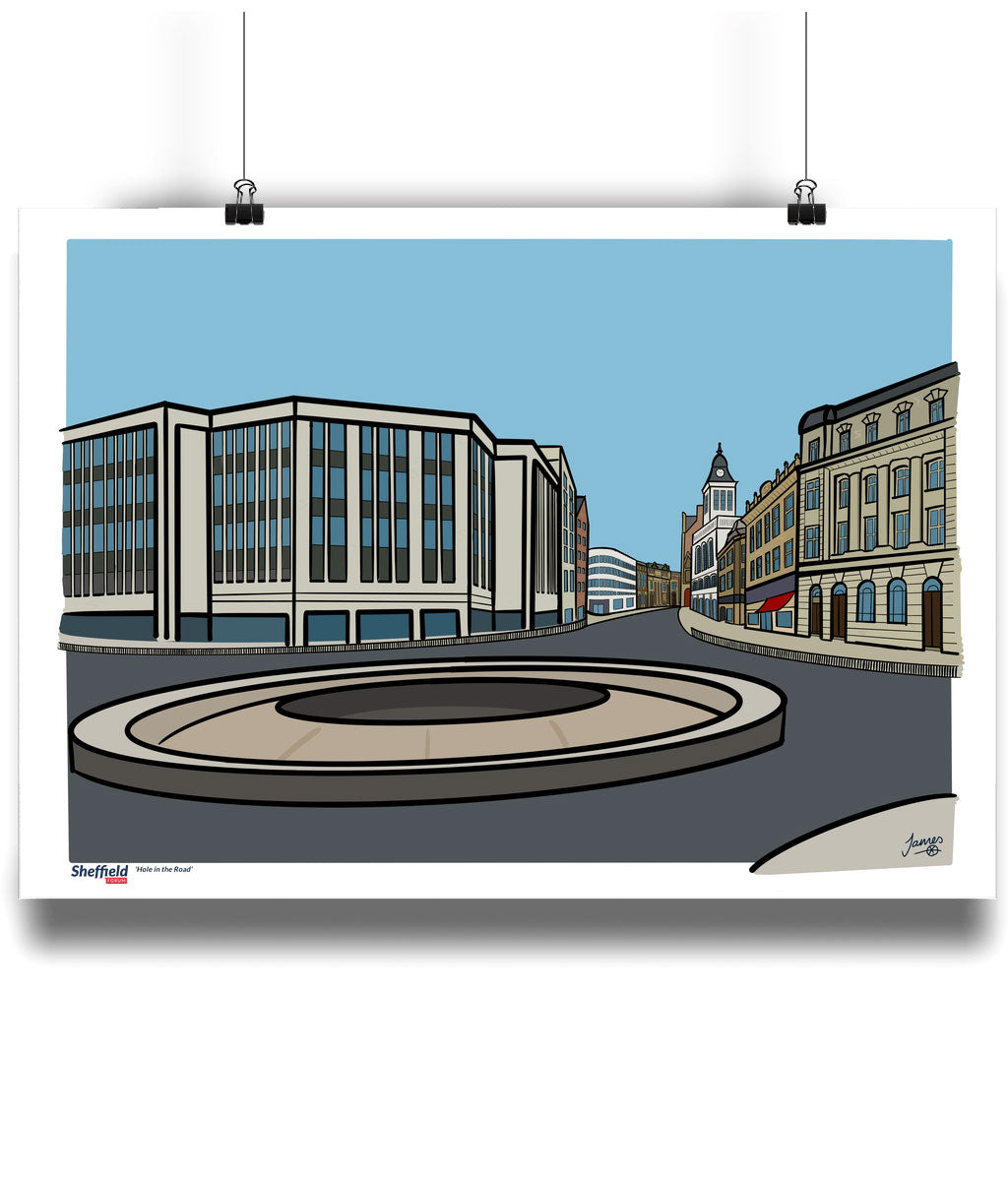 Artwork of a city street scene with modern and classical architecture.