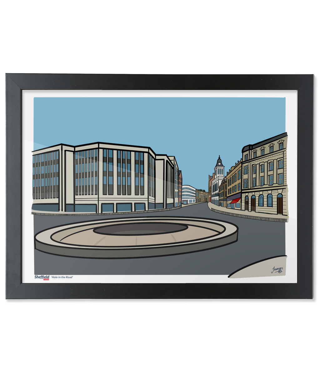 Framed artwork of a city street scene with modern and classical architecture.