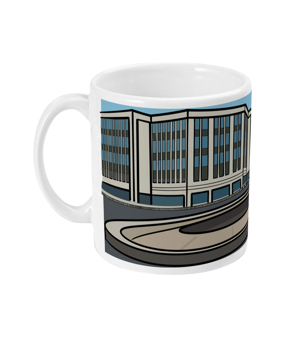 Mug with a building design on a white background