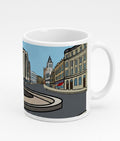 Mug with a cityscape design on a white background