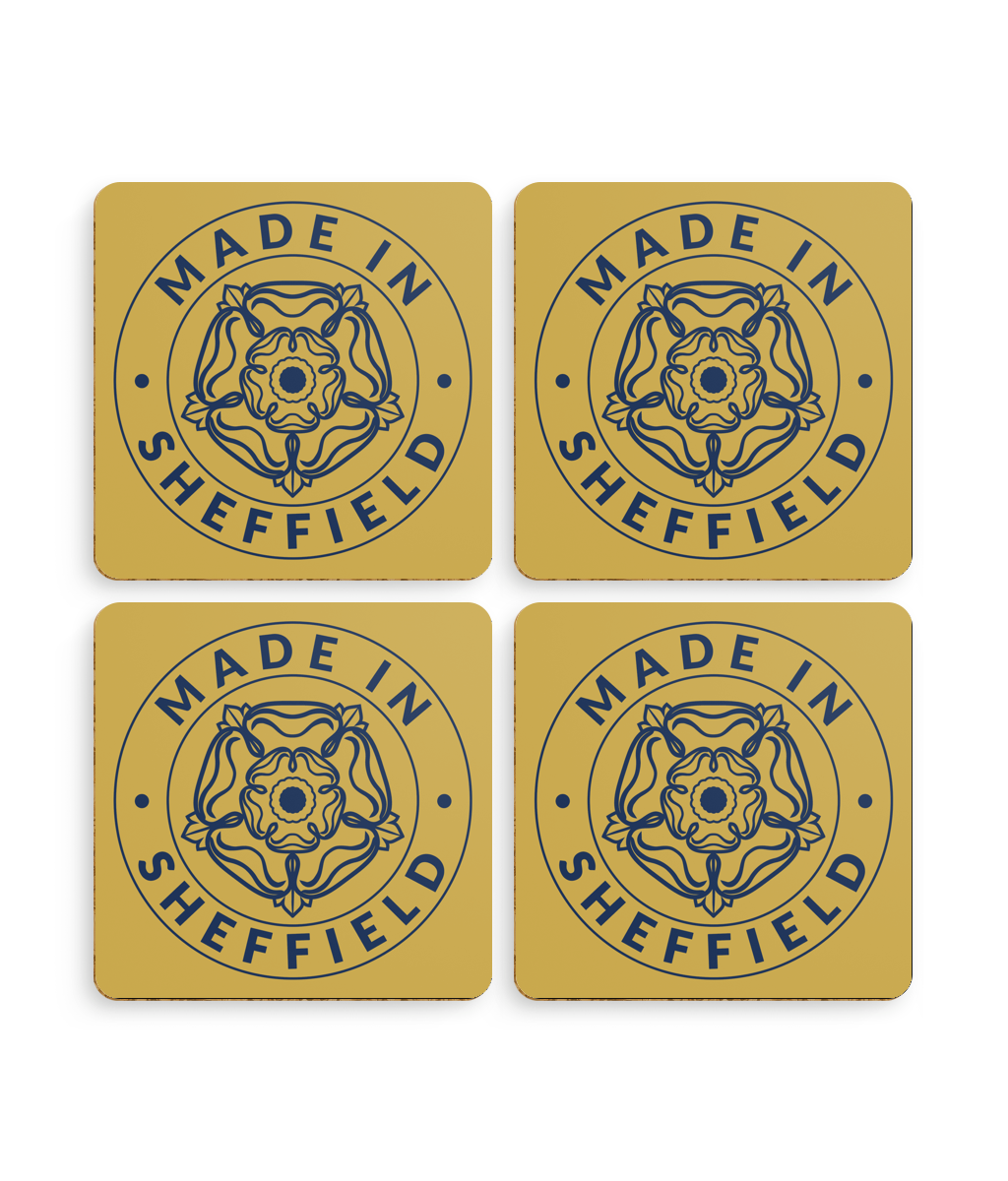 Four yellow coasters with 'Made in Sheffield' design on a white background