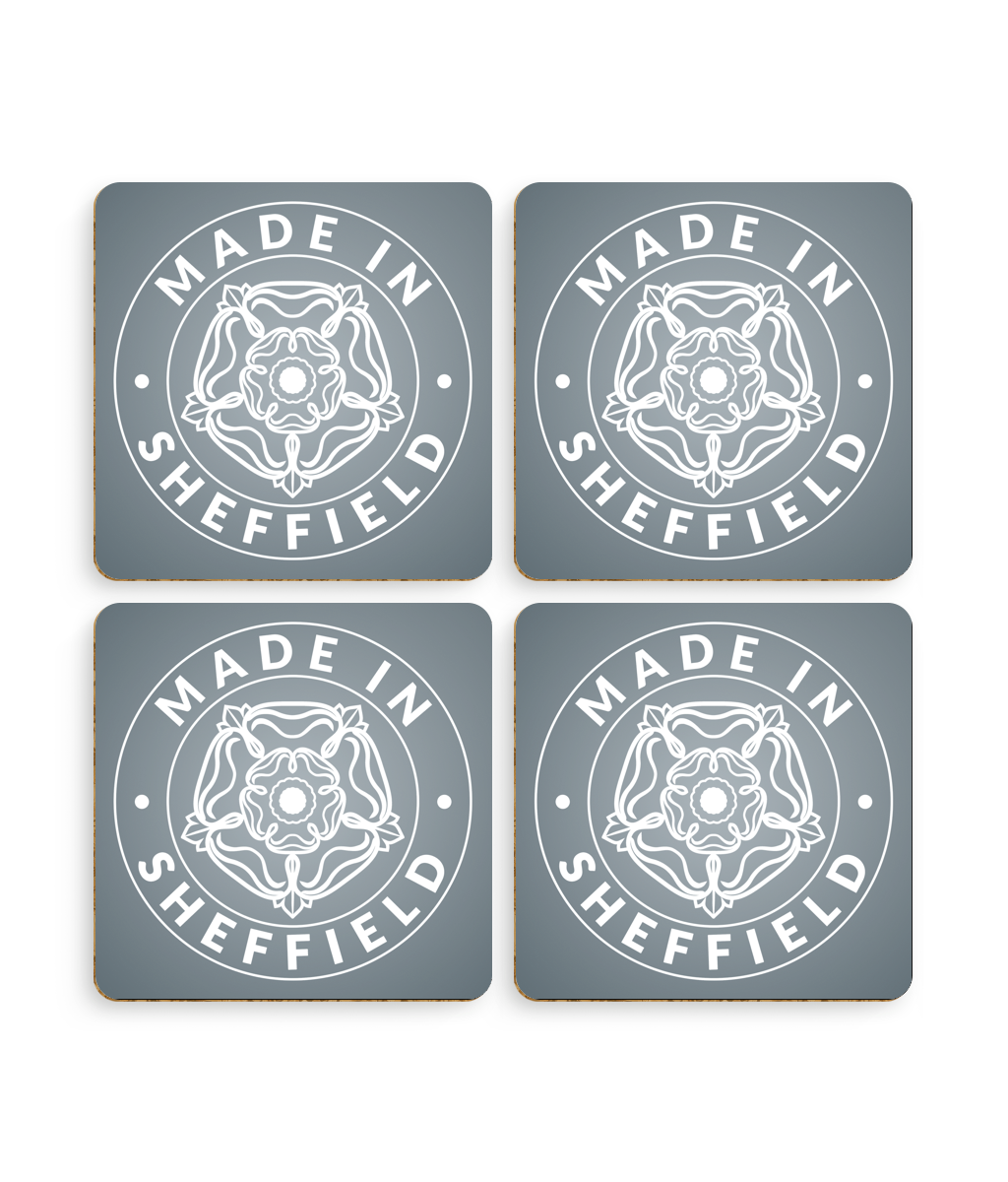 Four Steel gray coasters with 'Made in Sheffield' design on a white background