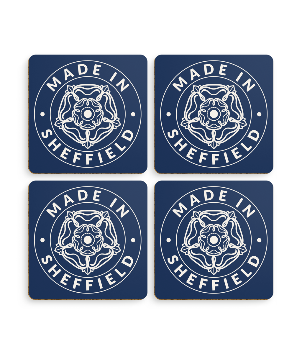 Four blue coasters with 'Made in Sheffield' design on a white background
