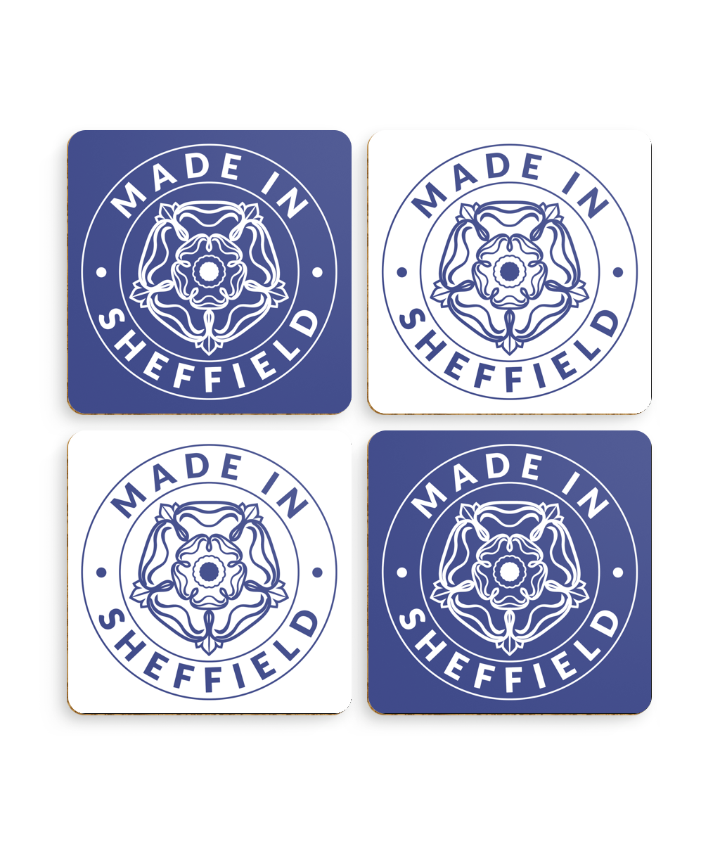 Four coasters with 'Made in Sheffield' design on a white background