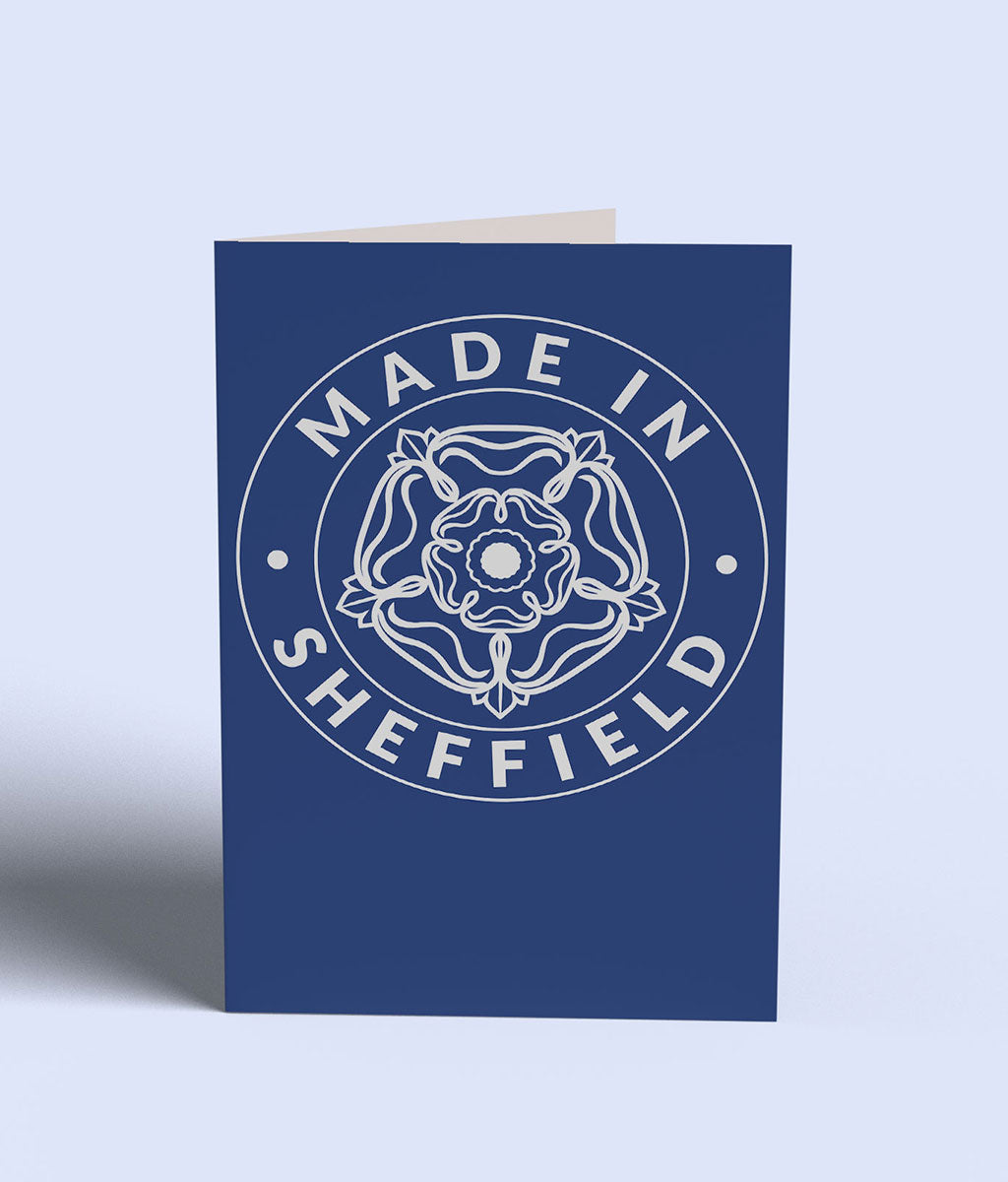 Blue card with 'Made in Sheffield' text and emblem on a light blue background