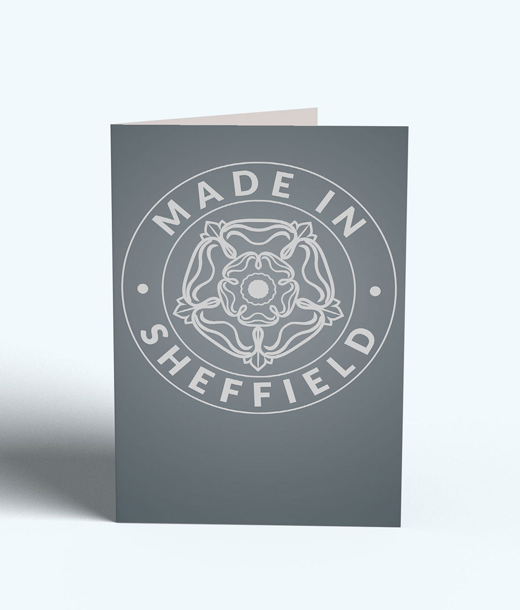Gray card with 'Made in Sheffield' text and emblem on a white background