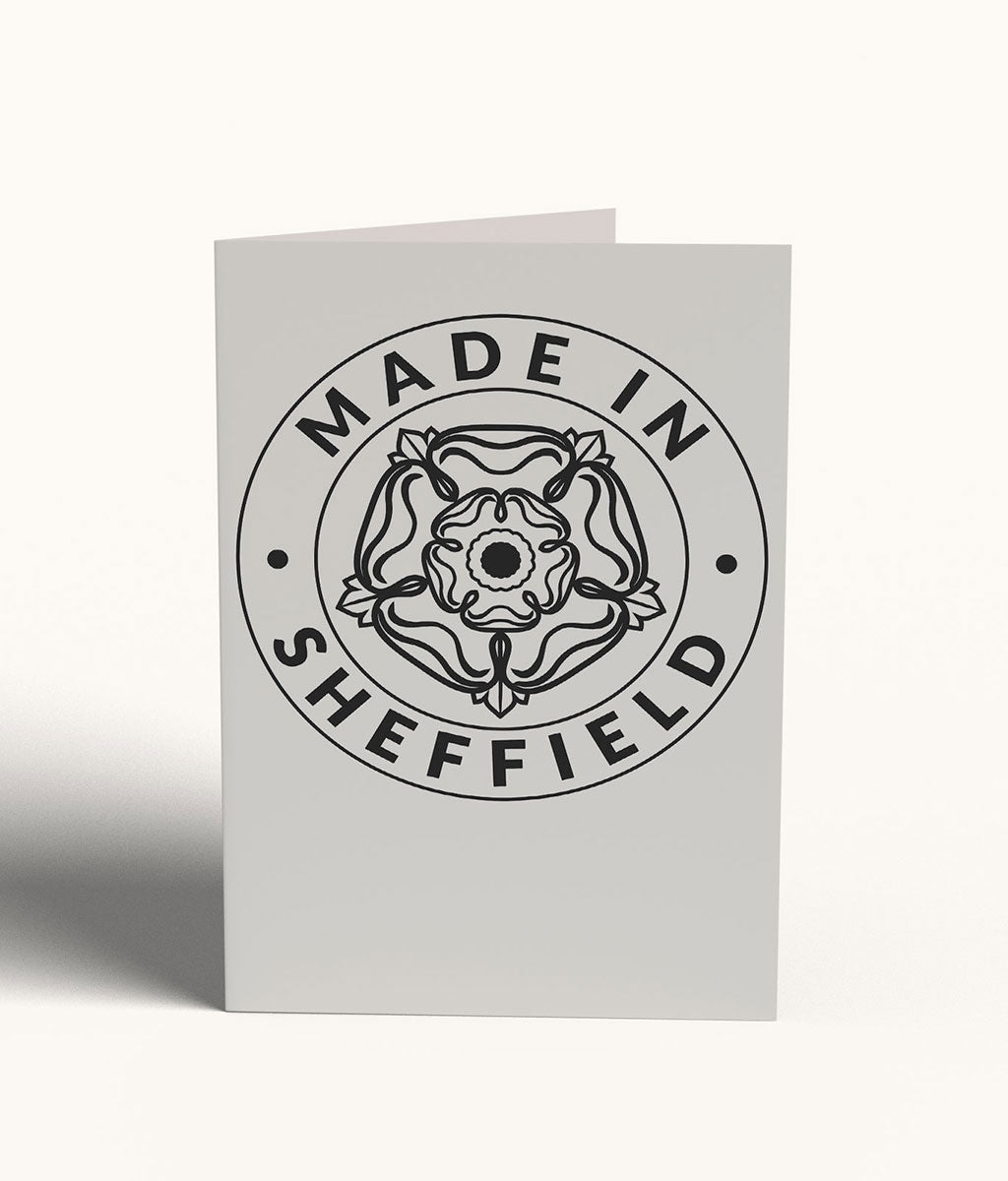 White card with 'Made in Sheffield' design on a white background