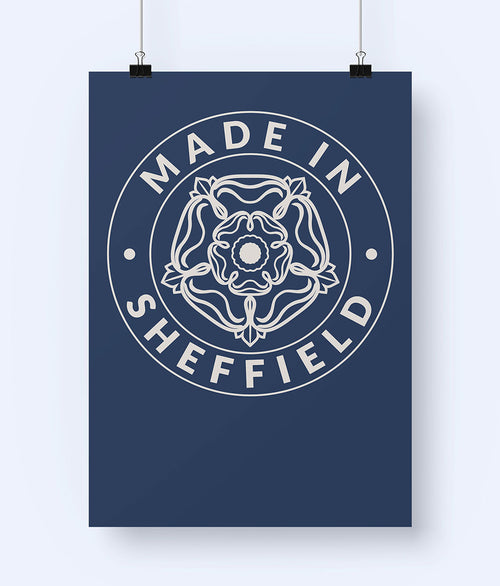 Poster with 'Made in Sheffield' design on a Navy blue background