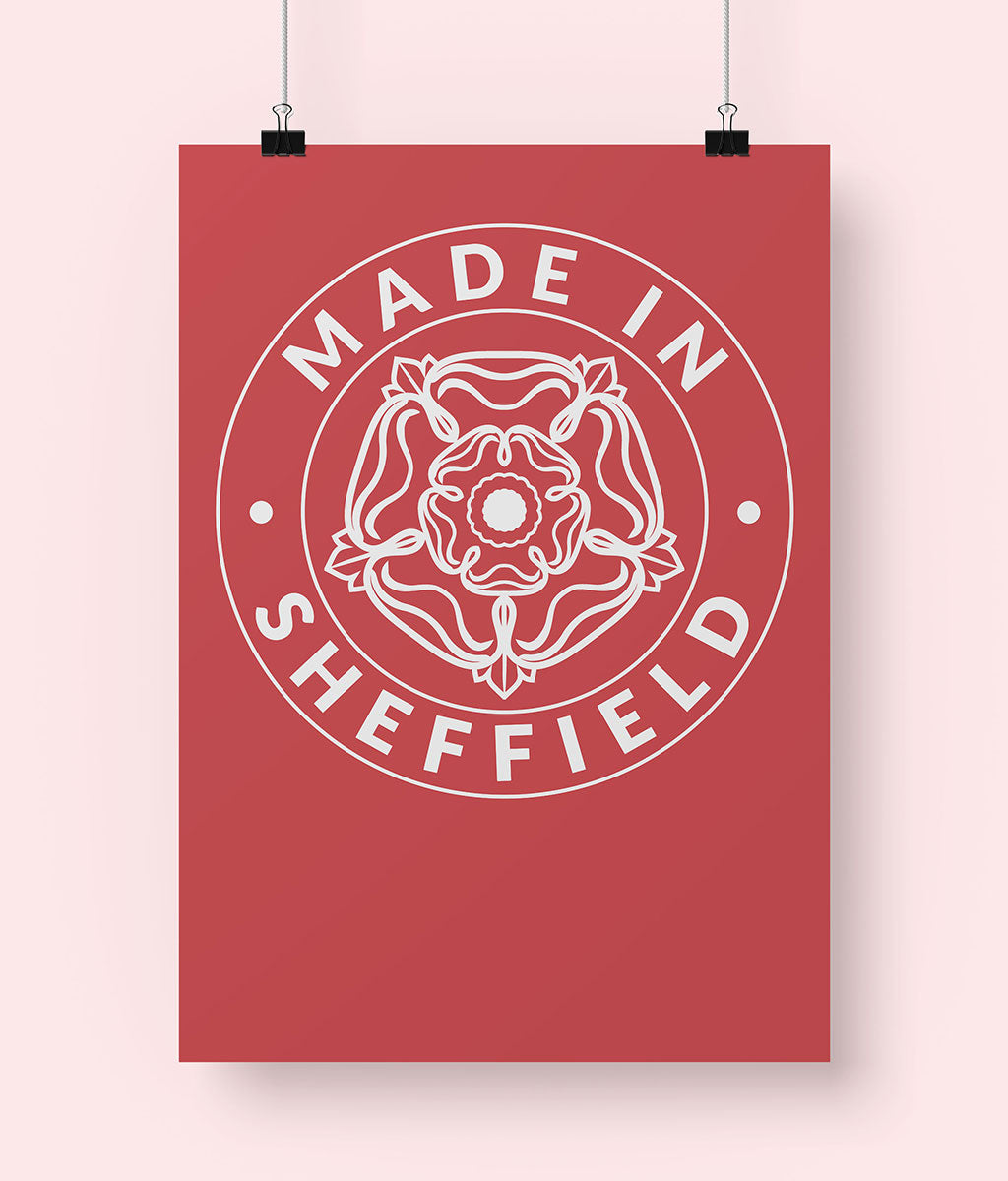 Poster with 'Made in Sheffield' design on a red background