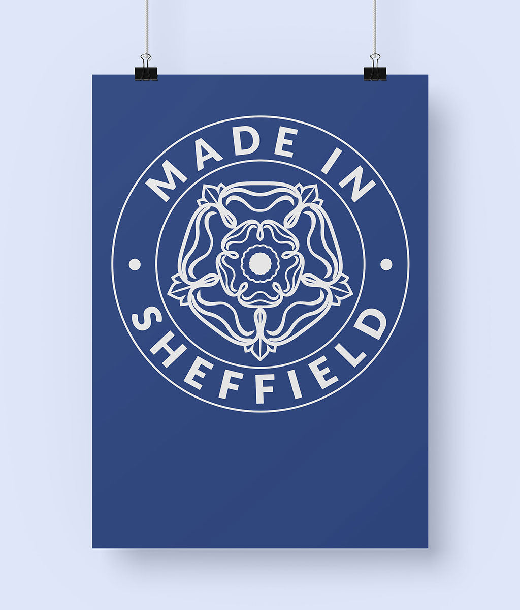 Poster with 'Made in Sheffield' design on a royal blue background