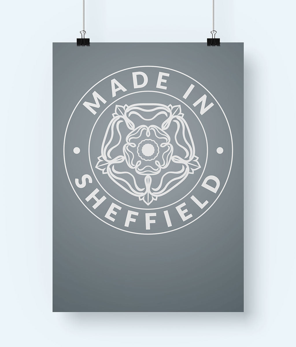 Poster with 'Made in Sheffield' design on a steel-effect grey background