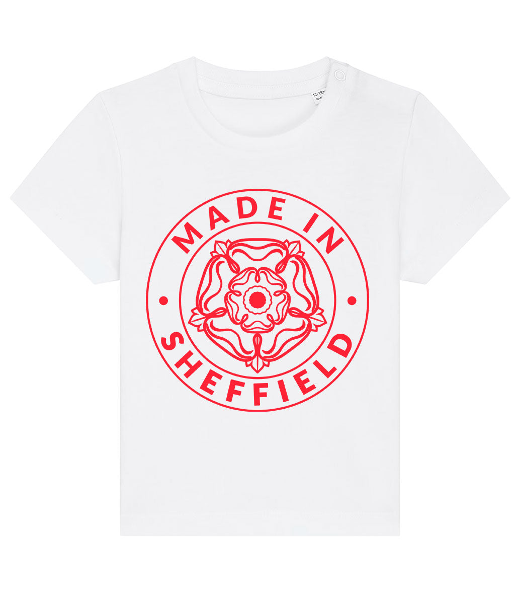 White t-shirt with red 'Made in Sheffield' logo on a white background