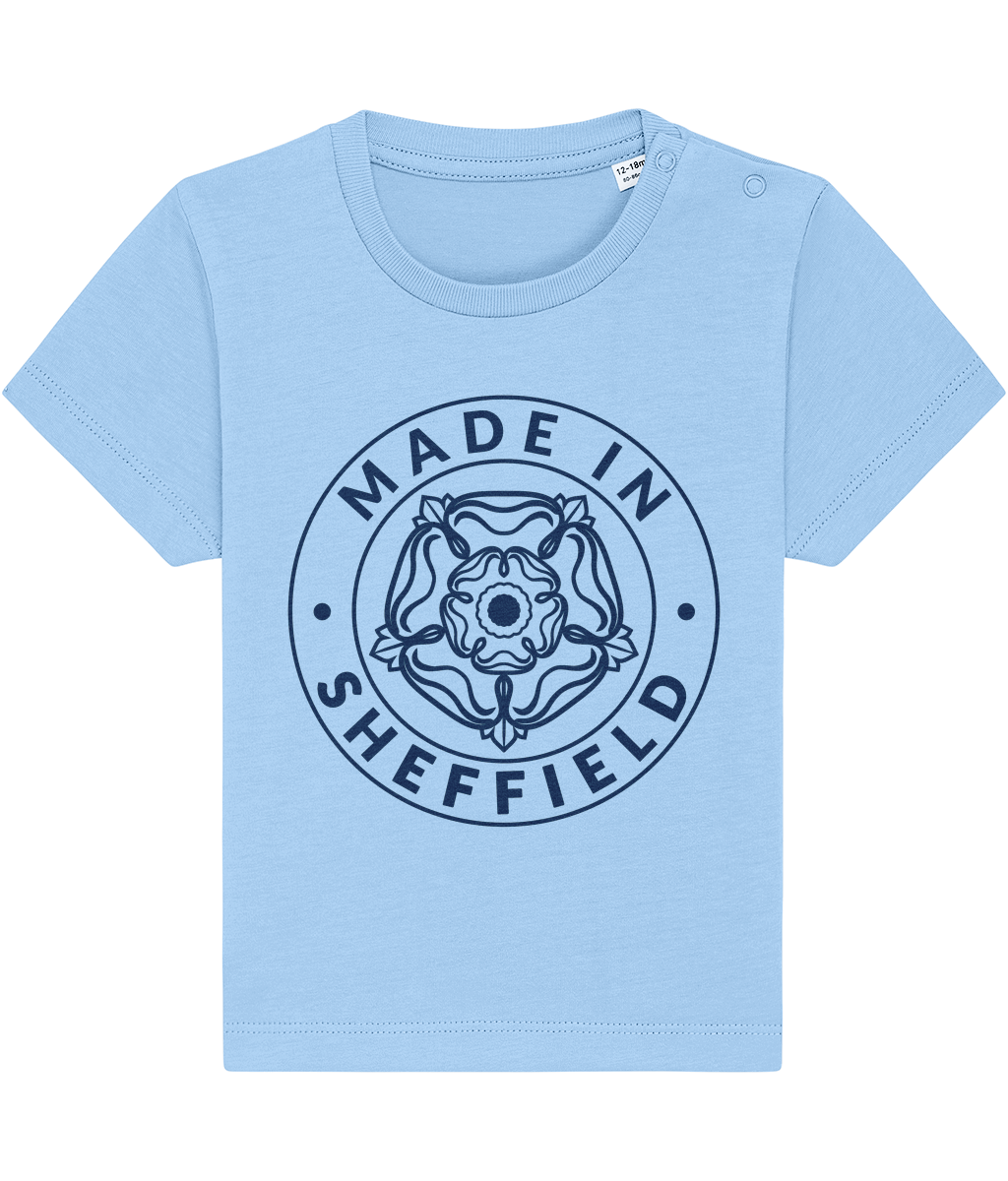 Light blue t-shirt with 'Made in Sheffield' graphic on a white background