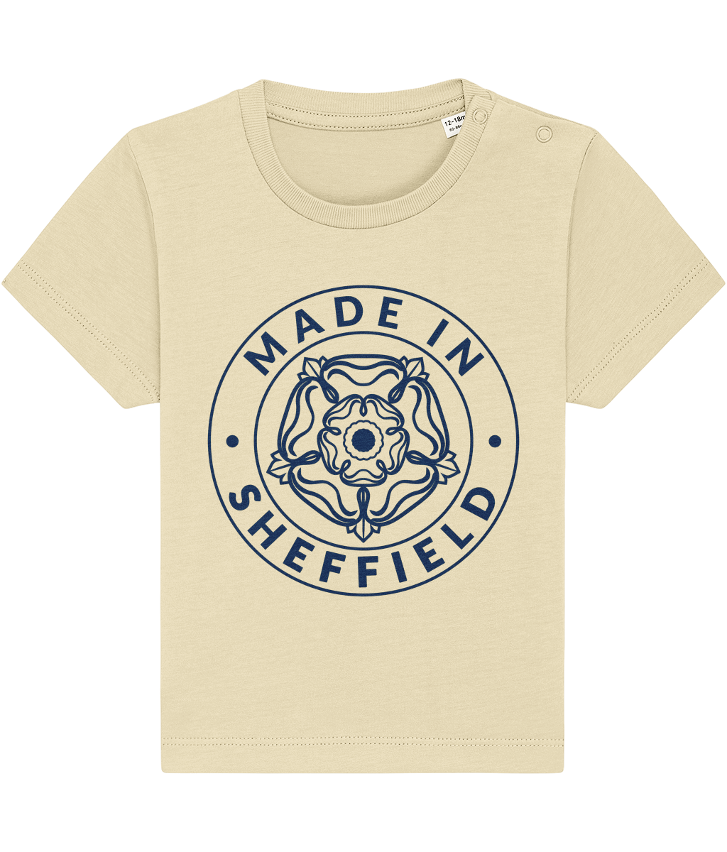 Beige t-shirt with 'Made in Sheffield' logo on a white background