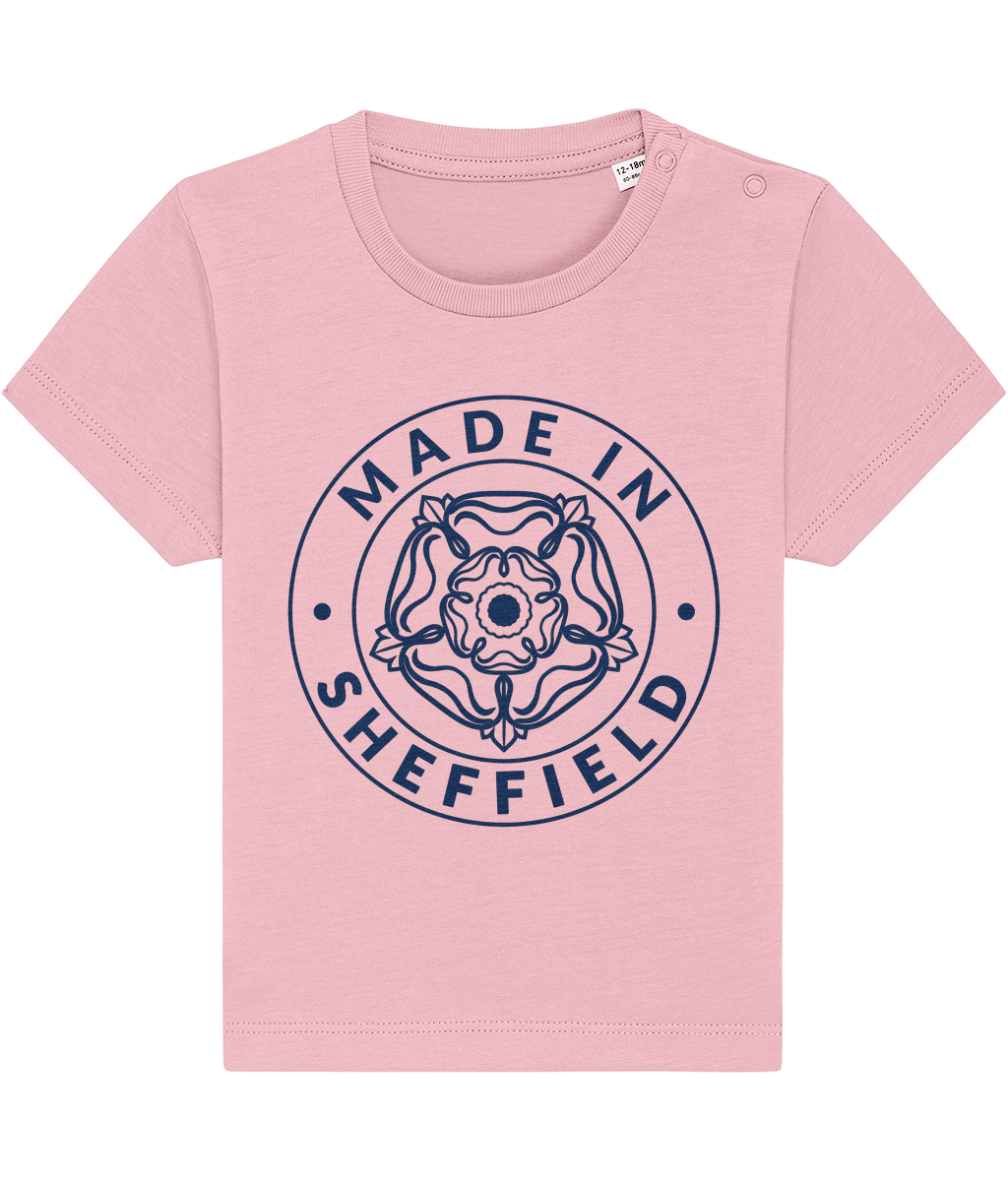 Pink t-shirt with 'Made in Sheffield' design on a white background