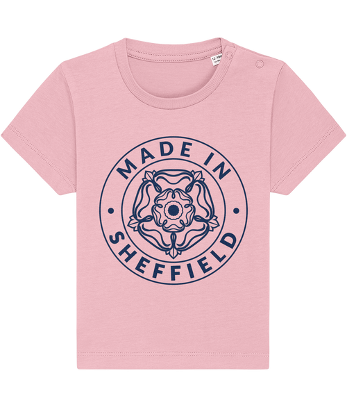 Pink t-shirt with 'Made in Sheffield' design on a white background