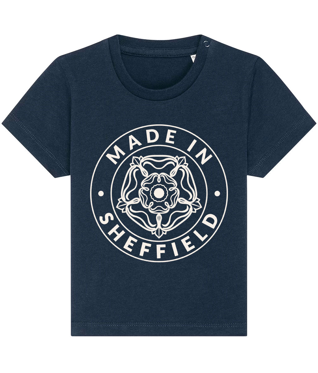 Navy blue t-shirt with 'Made in Sheffield' logo on a white background