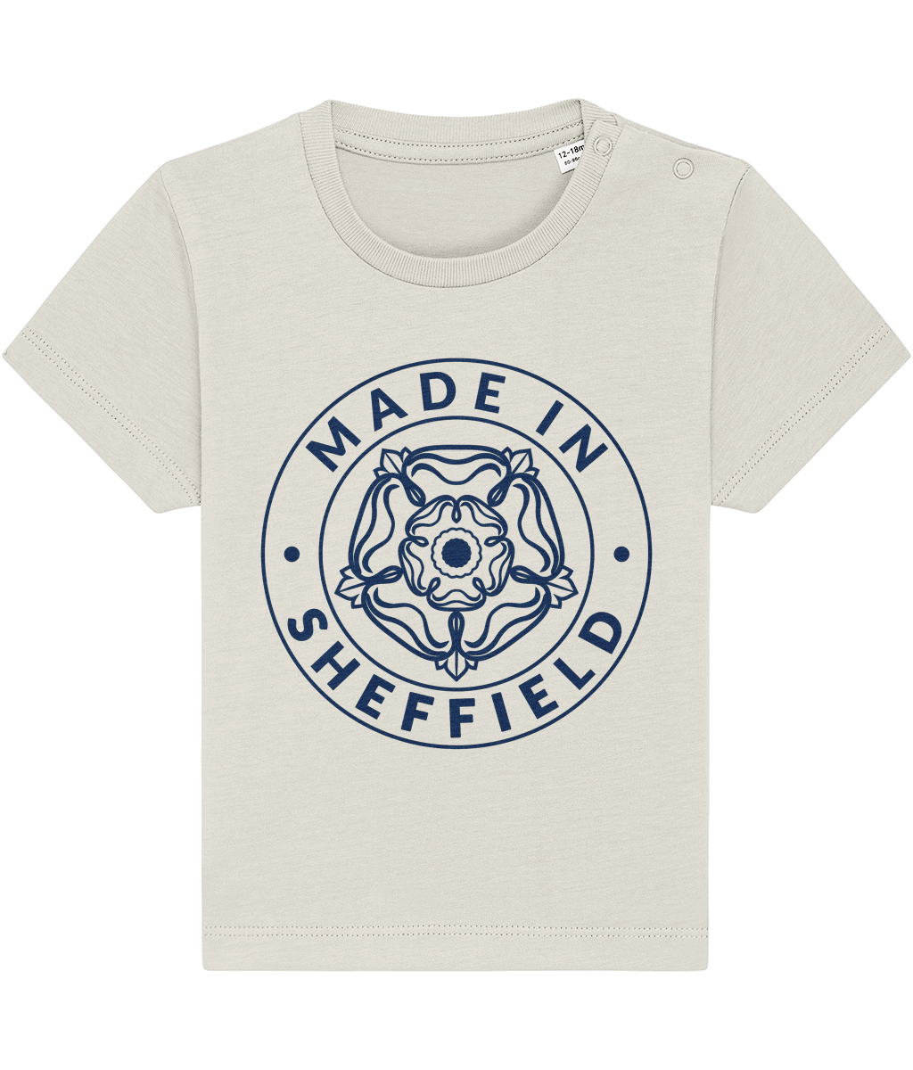 White t-shirt with 'Made in Sheffield' logo on a white background