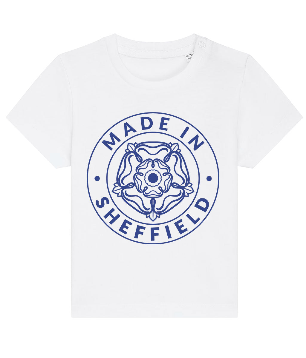 White t-shirt with 'Made in Sheffield' logo on a white background