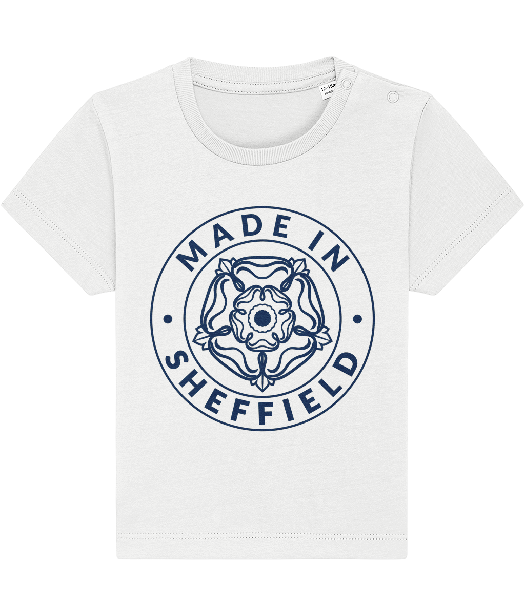 White t-shirt with 'Made in Sheffield' graphic design on a white background