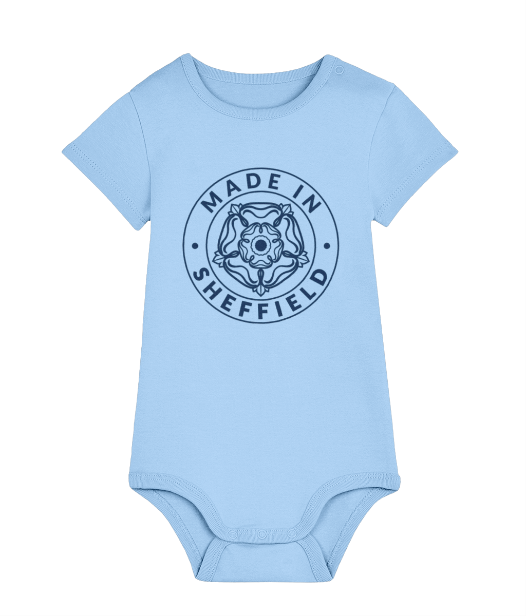 Light blue baby onesie with 'Made in Sheffield' print on a white background