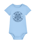 Light blue baby onesie with 'Made in Sheffield' print on a white background