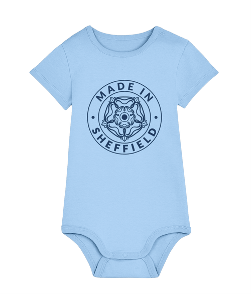 Light blue baby onesie with 'Made in Sheffield' print on a white background