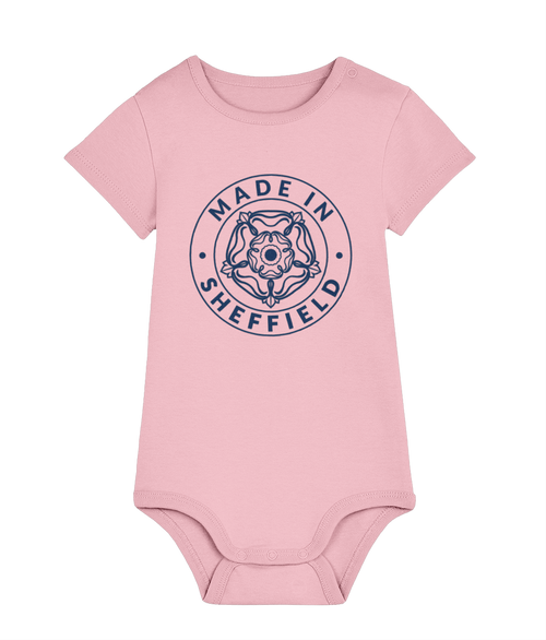 Pink baby onesie with 'Made in Sheffield' text on a white background