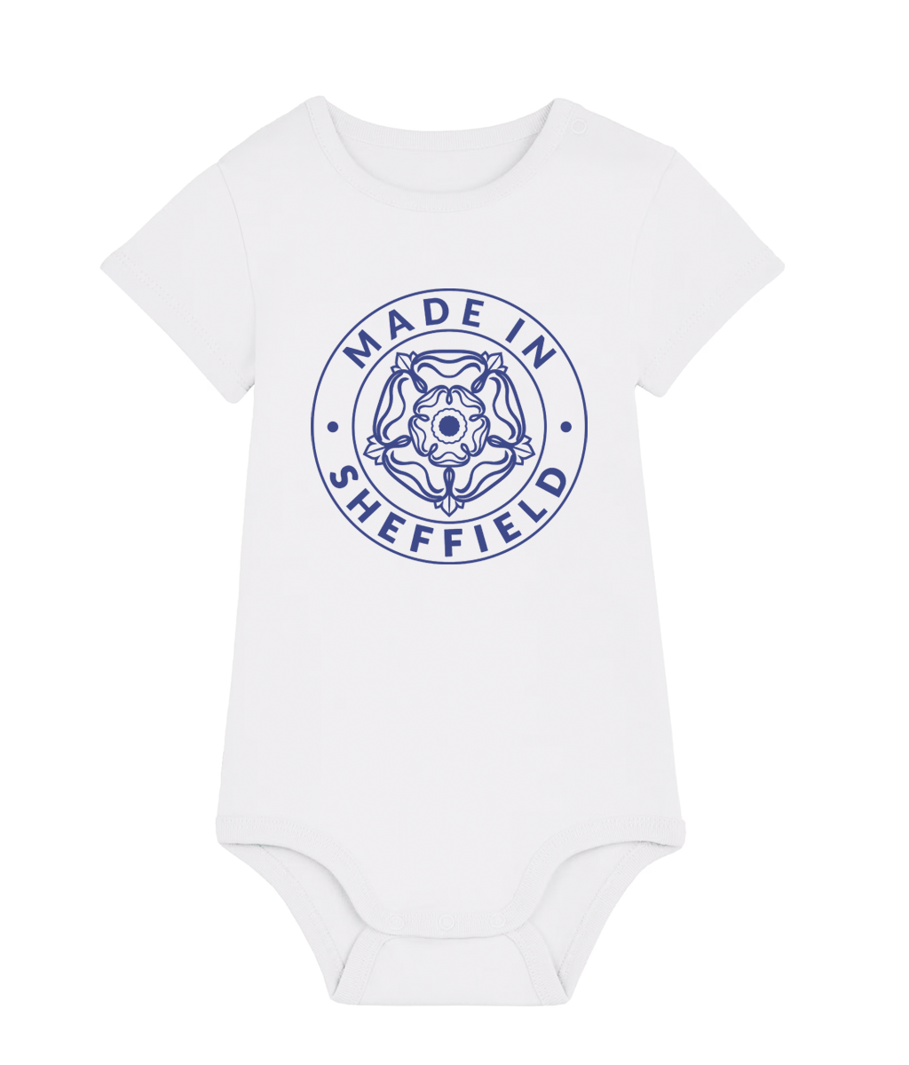 White baby onesie babygrow with 'Made in Sheffield' print on a white background