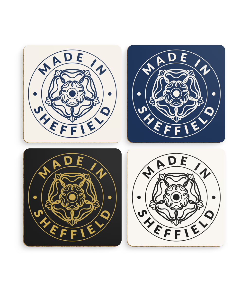 Four 'Made in Sheffield' coasters with a various colour designs