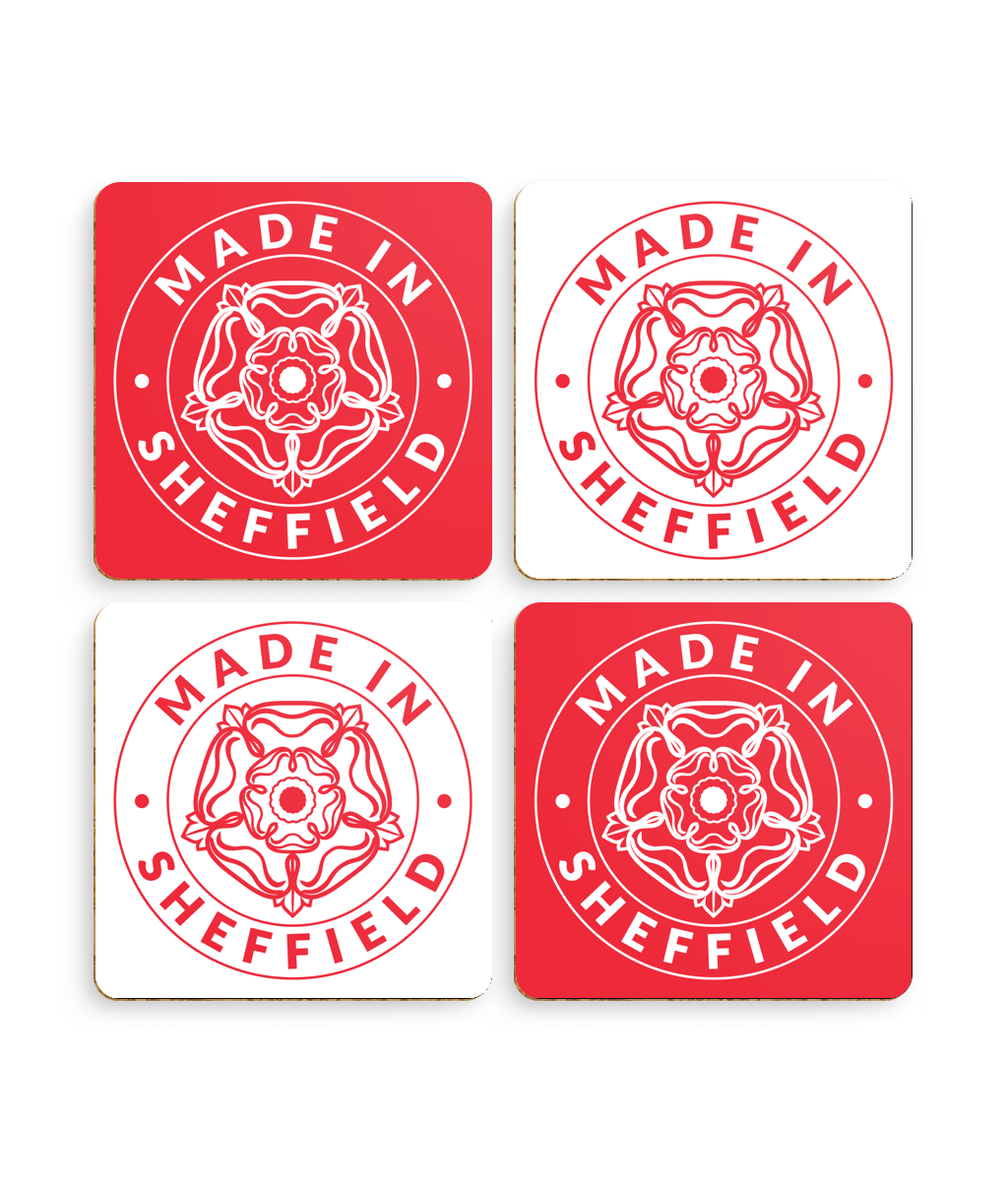 Four 'Made in Sheffield' coasters with a red and white design on a white background.