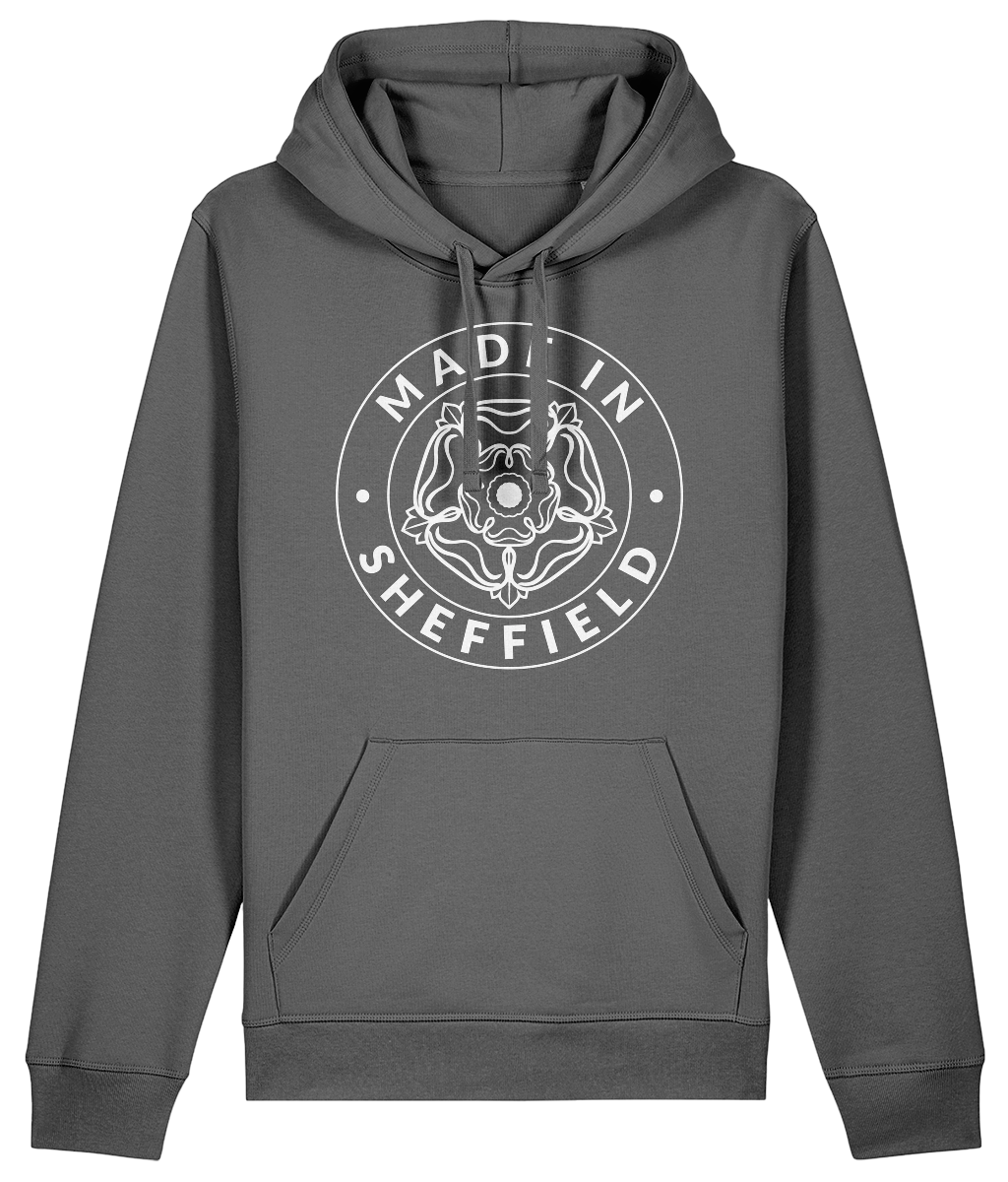 Gray hoodie with 'Made in Sheffield' logo on a white background