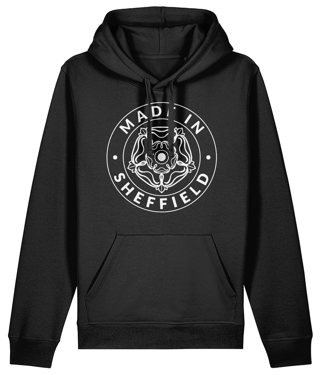 Black hoodie with 'Made in Sheffield' logo on a white background