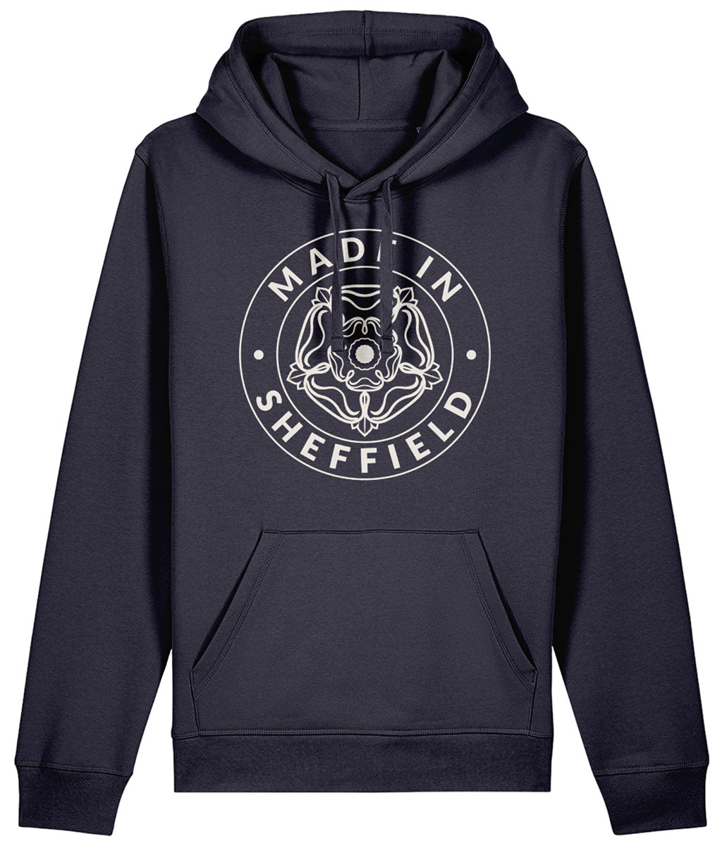 French Navy Blue hoodie with 'Made in Sheffield' text and emblem on a white background