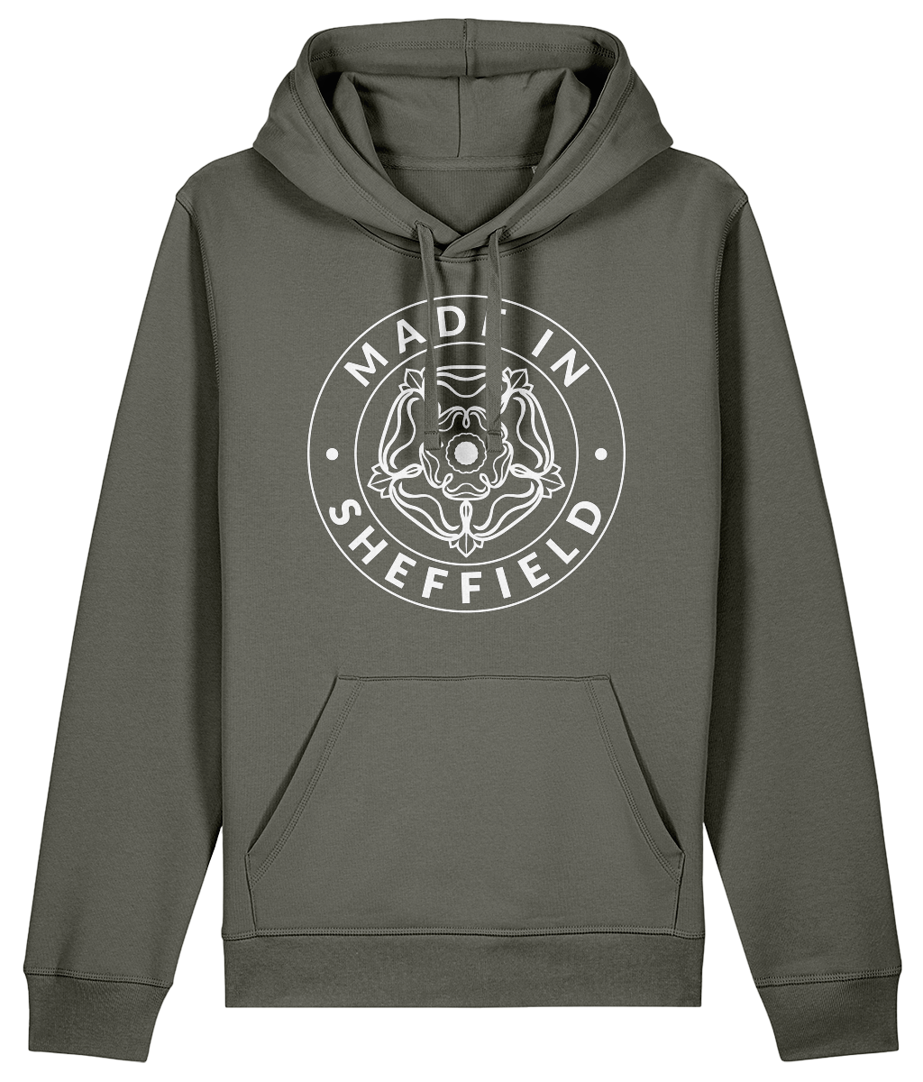 Khaki hoodie with 'Made in Sheffield' logo on a white background