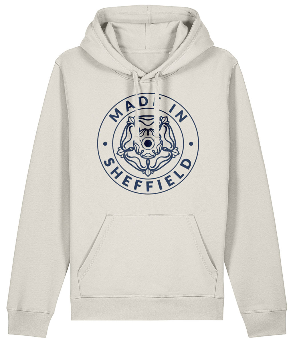 Natural Raw Cotton hoodie with 'Made in Sheffield' text and emblem on a white background
