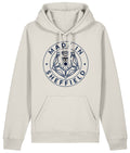 Natural Raw Cotton hoodie with 'Made in Sheffield' text and emblem on a white background