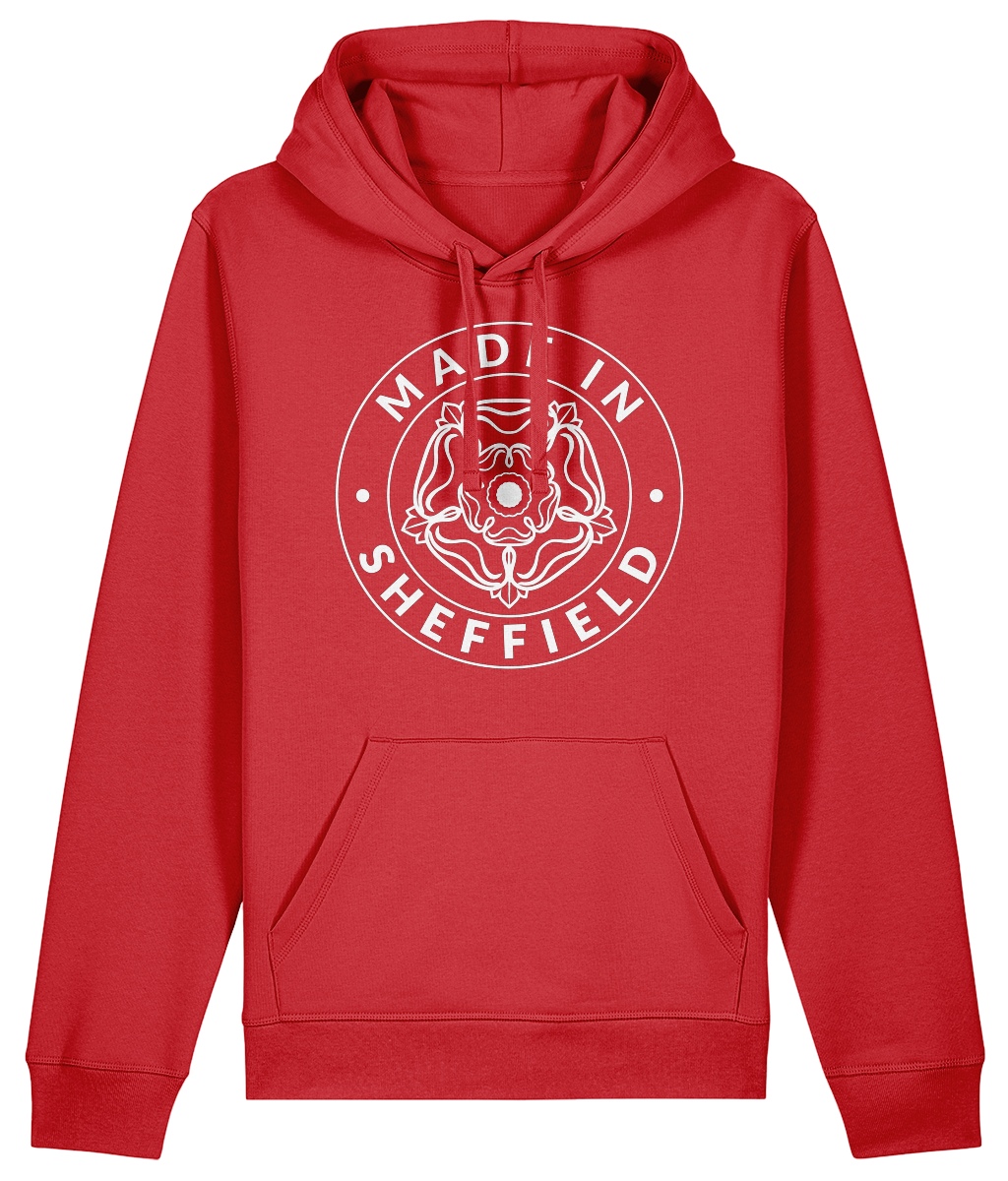 Red hoodie with 'Made in Sheffield' text and emblem on a white background
