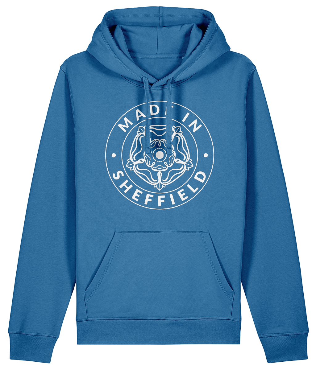 Blue hoodie with 'Made in Sheffield' text and emblem on a white background