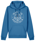 Blue hoodie with 'Made in Sheffield' text and emblem on a white background