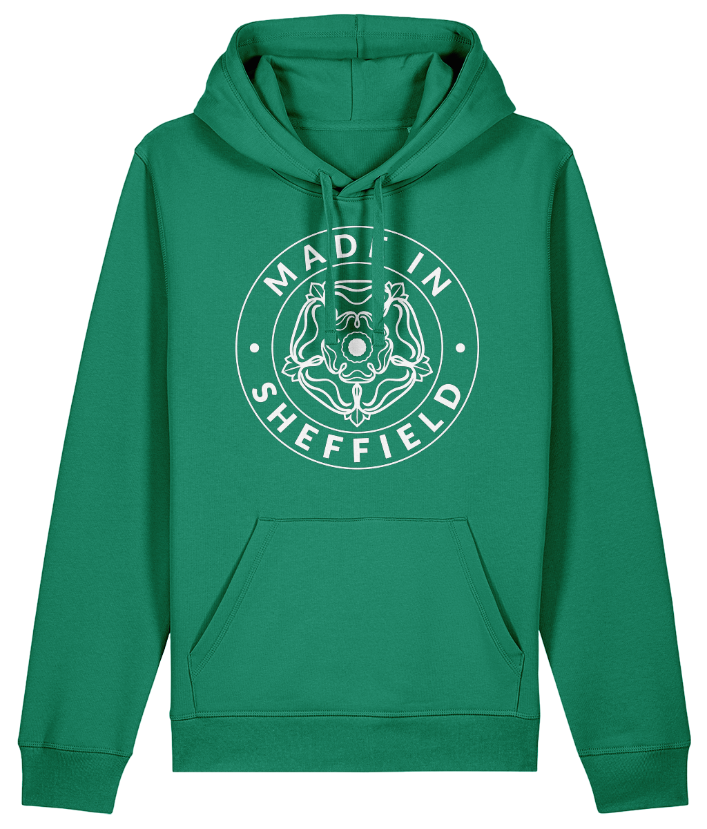 Green hoodie with 'Made in Sheffield' text and logo on a white background