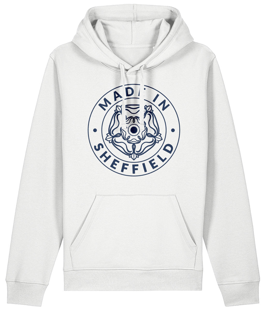 White hoodie with 'Made in Sheffield' text and emblem on a white background