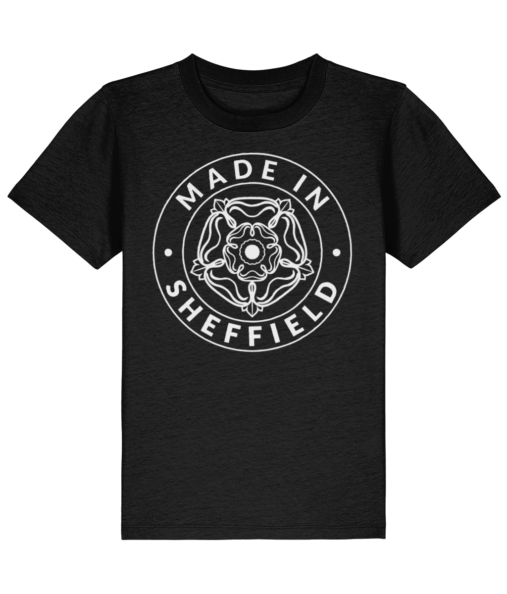 Black t-shirt with 'Made in Sheffield' design on a white background