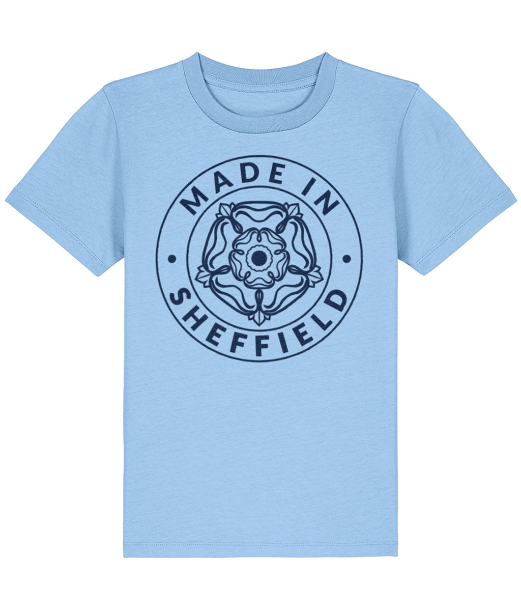 Light blue t-shirt with 'Made in Sheffield' graphic on a white background