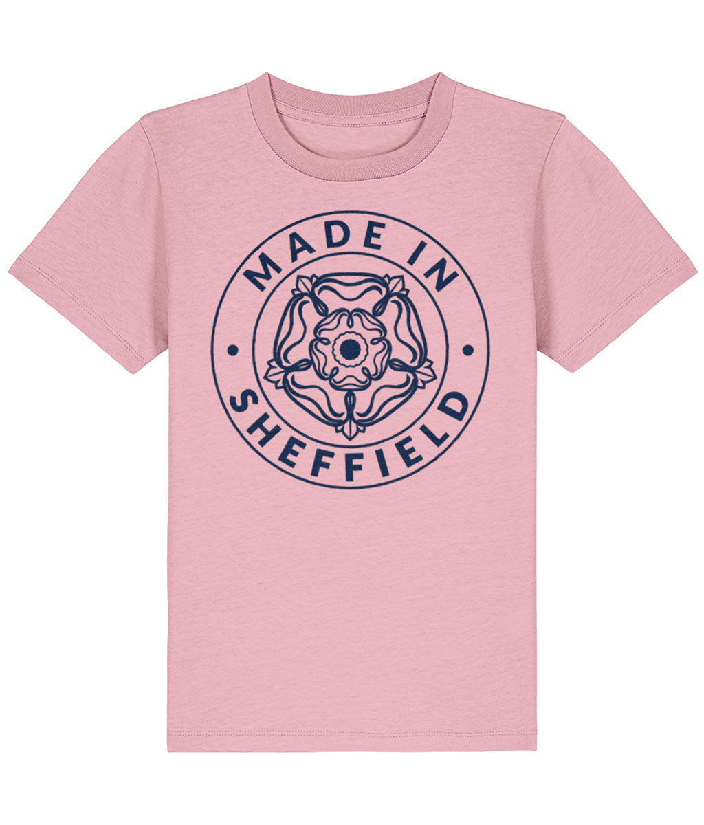 Cotton Pink t-shirt with 'Made in Sheffield' graphic on a white background