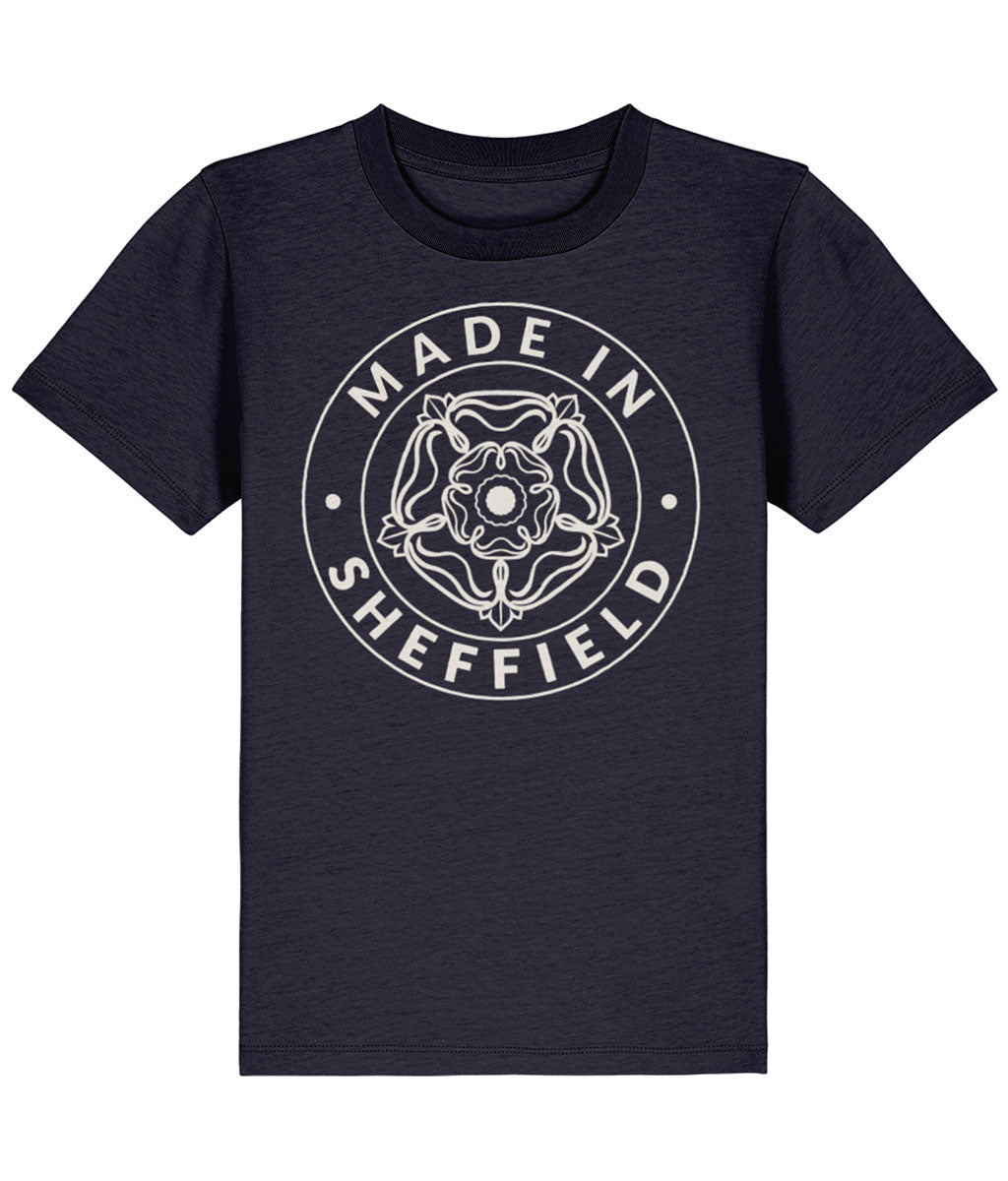 Navy blue t-shirt with 'Made in Sheffield' graphic on a white background