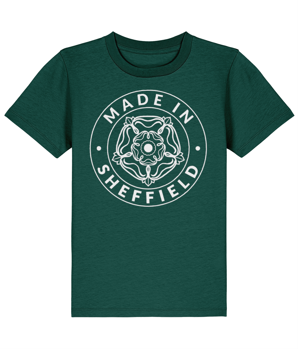 Green t-shirt with 'Made in Sheffield' design on a white background