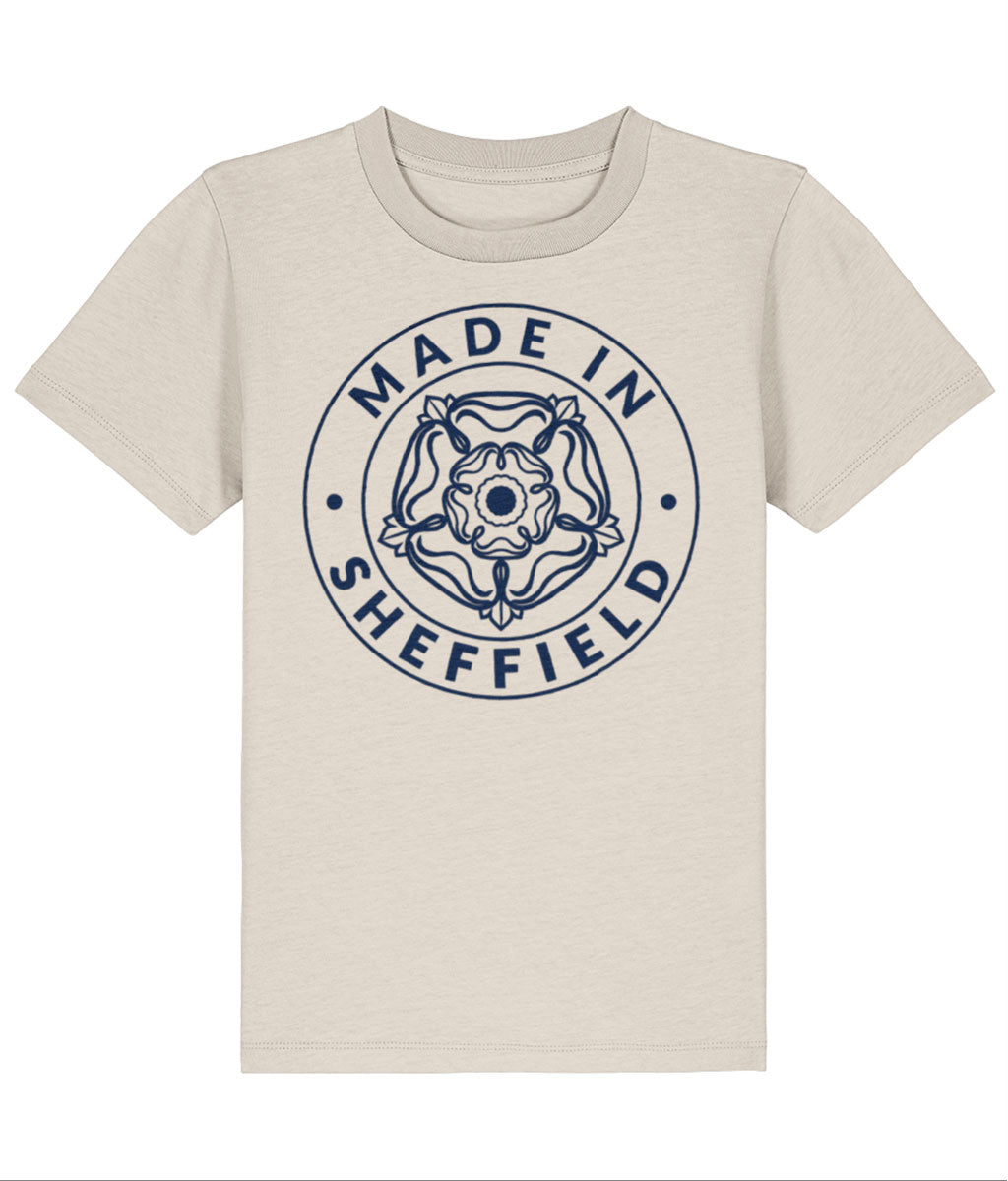 Beige t-shirt with 'Made in Sheffield' logo on a white background