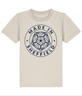 Beige t-shirt with 'Made in Sheffield' logo on a white background