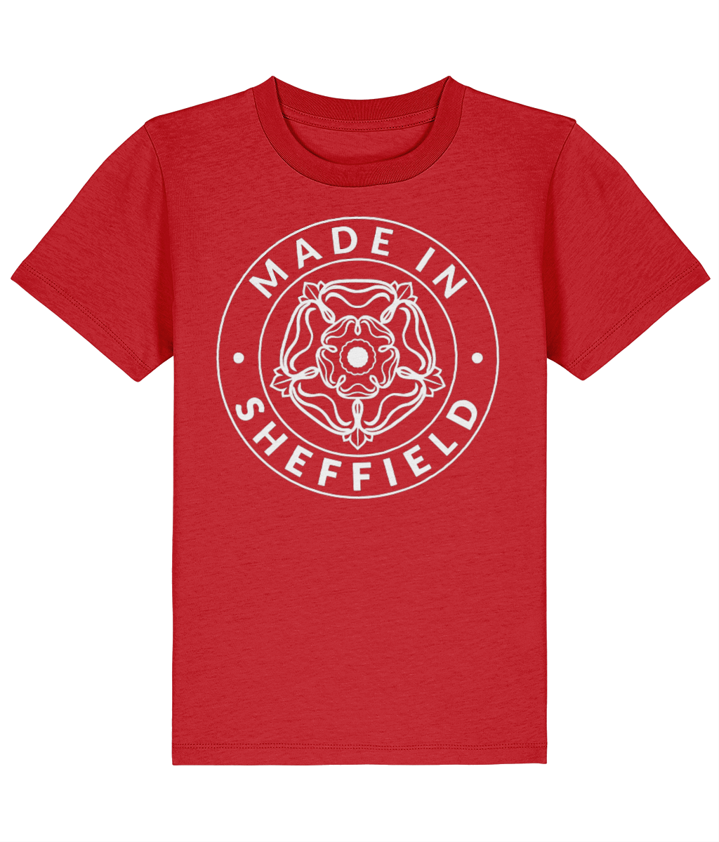 Red t-shirt with 'Made in Sheffield' design on a white background